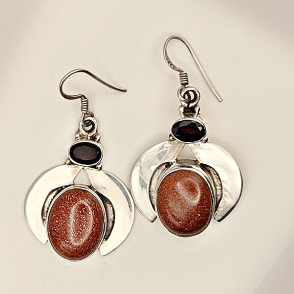 Vintage Jewelry - Sterling Red Garnet - Sandstone Dangle Earrings
